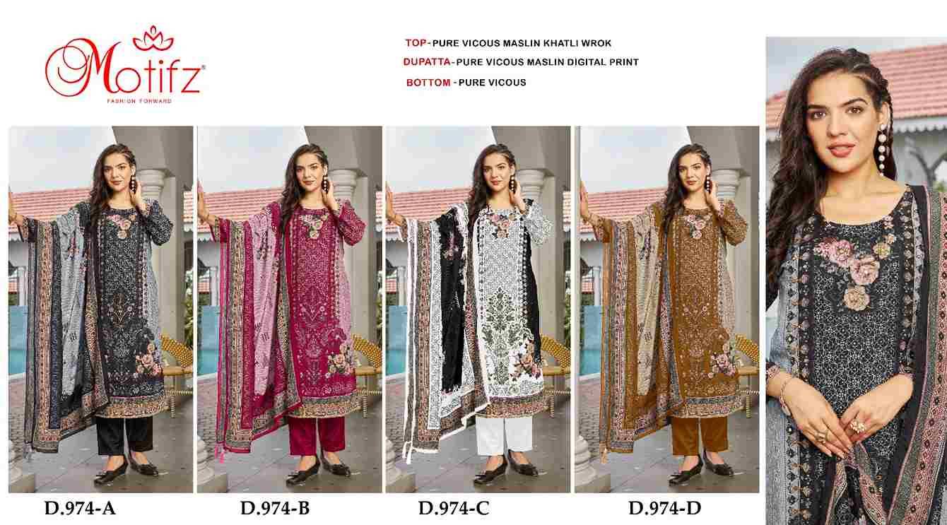 Motifz Hit Design 974 Colours By Motifz 974-A To 974-D Series Beautiful Pakistani Suits Colorful Stylish Fancy Casual Wear & Ethnic Wear Viscose Muslin Dresses At Wholesale Price