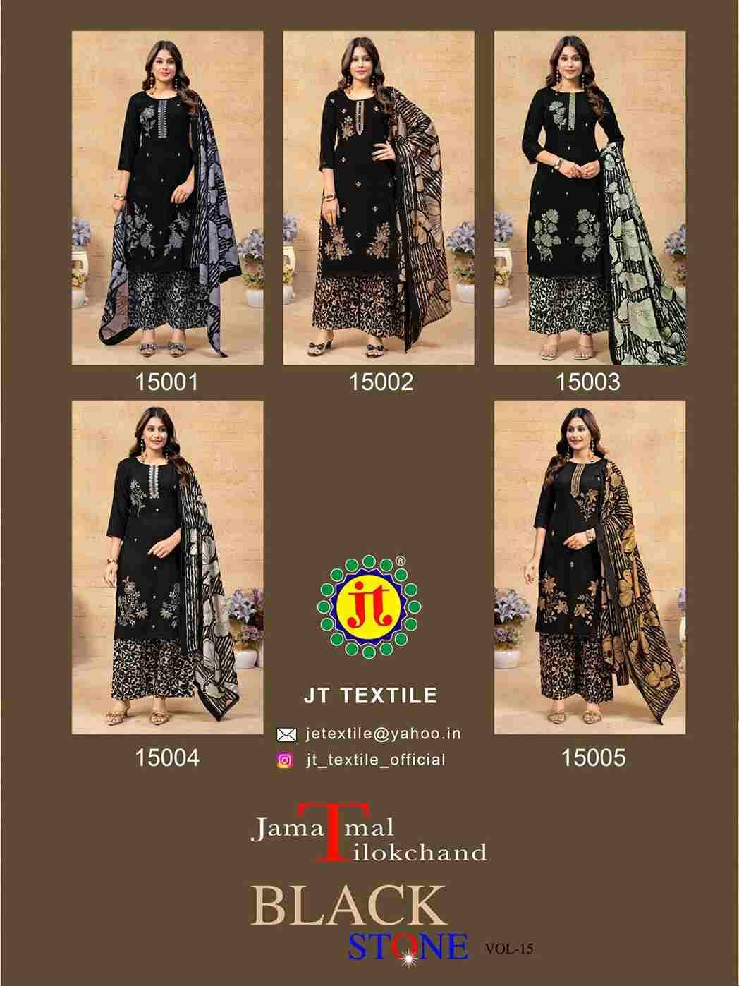 Black Stone Vol-15 By JT 15001 To 15005 Series Beautiful Festive Suits Colorful Stylish Fancy Casual Wear & Ethnic Wear Rayon Dresses At Wholesale Price