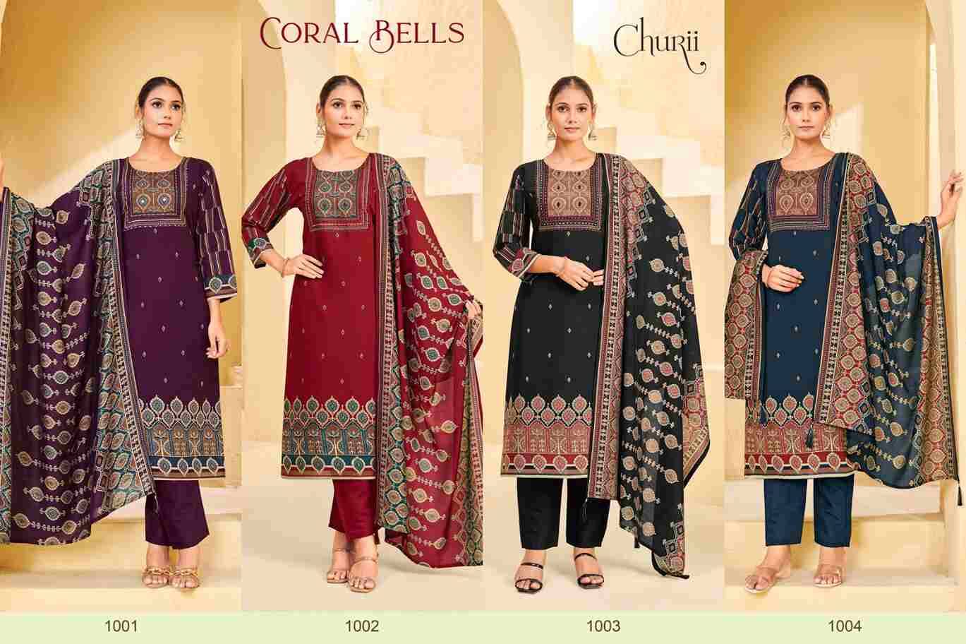 Coral Bells By Churii 1001 To 1004 Series Beautiful Festive Suits Colorful Stylish Fancy Casual Wear & Ethnic Wear Viscose Silk Dresses At Wholesale Price