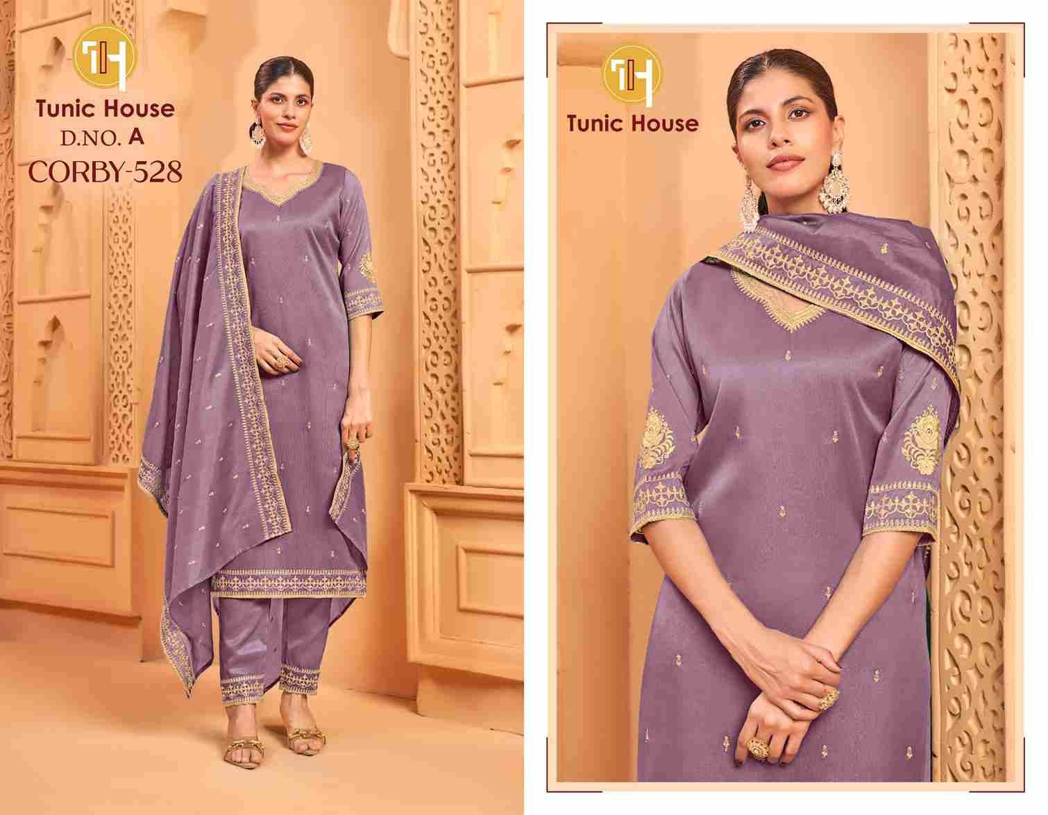 Corby-528 By Tunic House Combo Set 528-A To 528-F Series Beautiful Festive Suits Colorful Stylish Fancy Casual Wear & Ethnic Wear Roman Shimmer Dresses At Wholesale Price