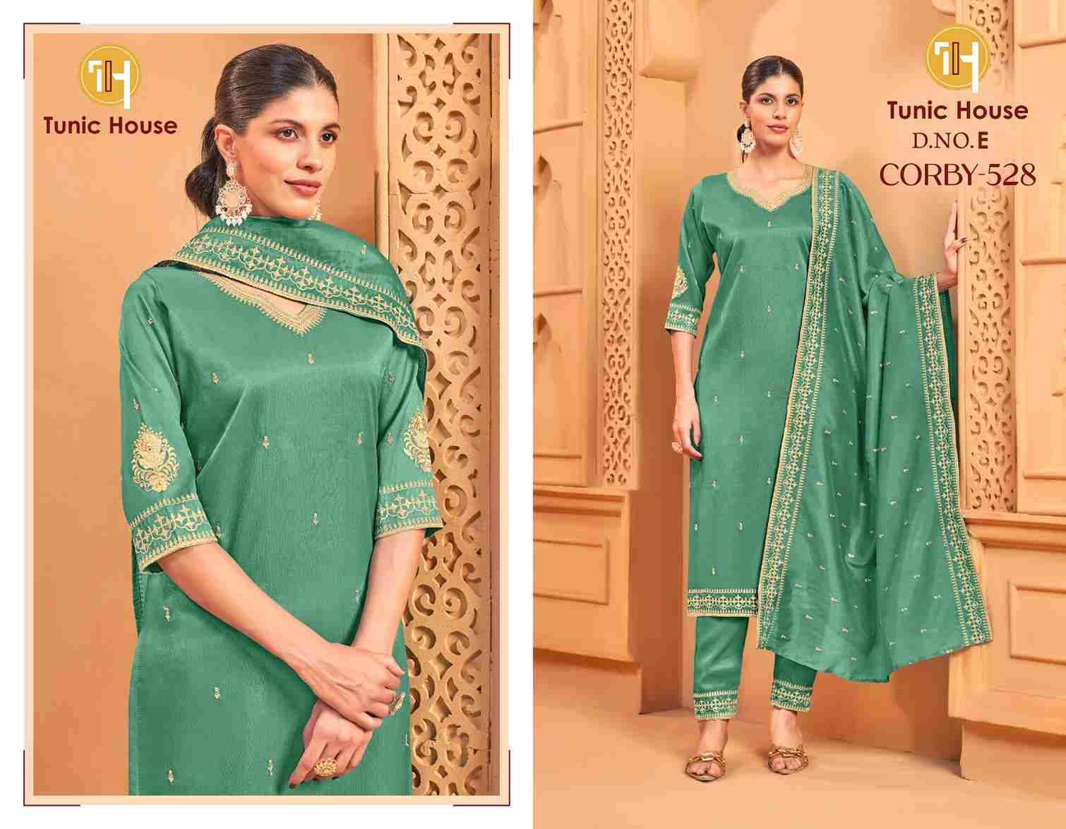 Corby-528 By Tunic House Combo Set 528-A To 528-F Series Beautiful Festive Suits Colorful Stylish Fancy Casual Wear & Ethnic Wear Roman Shimmer Dresses At Wholesale Price