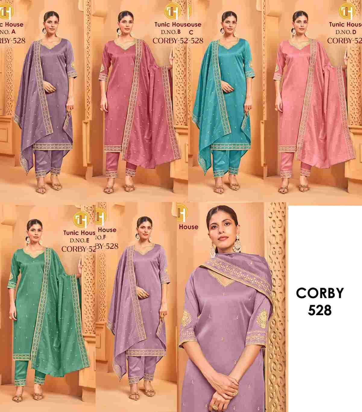 Corby-528 By Tunic House Combo Set 528-A To 528-F Series Beautiful Festive Suits Colorful Stylish Fancy Casual Wear & Ethnic Wear Roman Shimmer Dresses At Wholesale Price