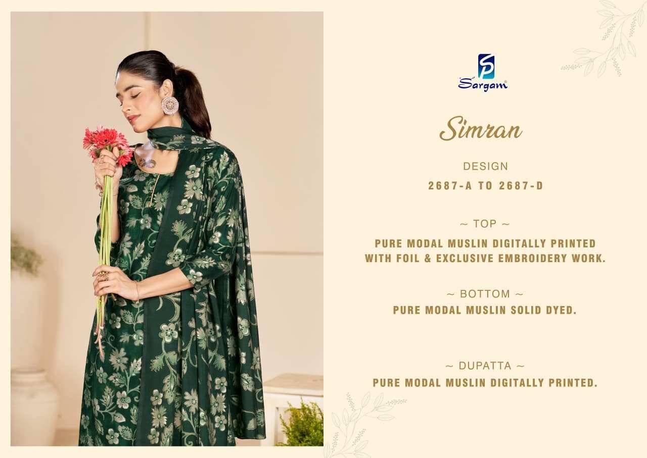 Simran By Sargam Prints 2687-A To 2687-D Series Beautiful Festive Suits Stylish Fancy Colorful Casual Wear & Ethnic Wear Pure Modal Muslin Print Dresses At Wholesale Price