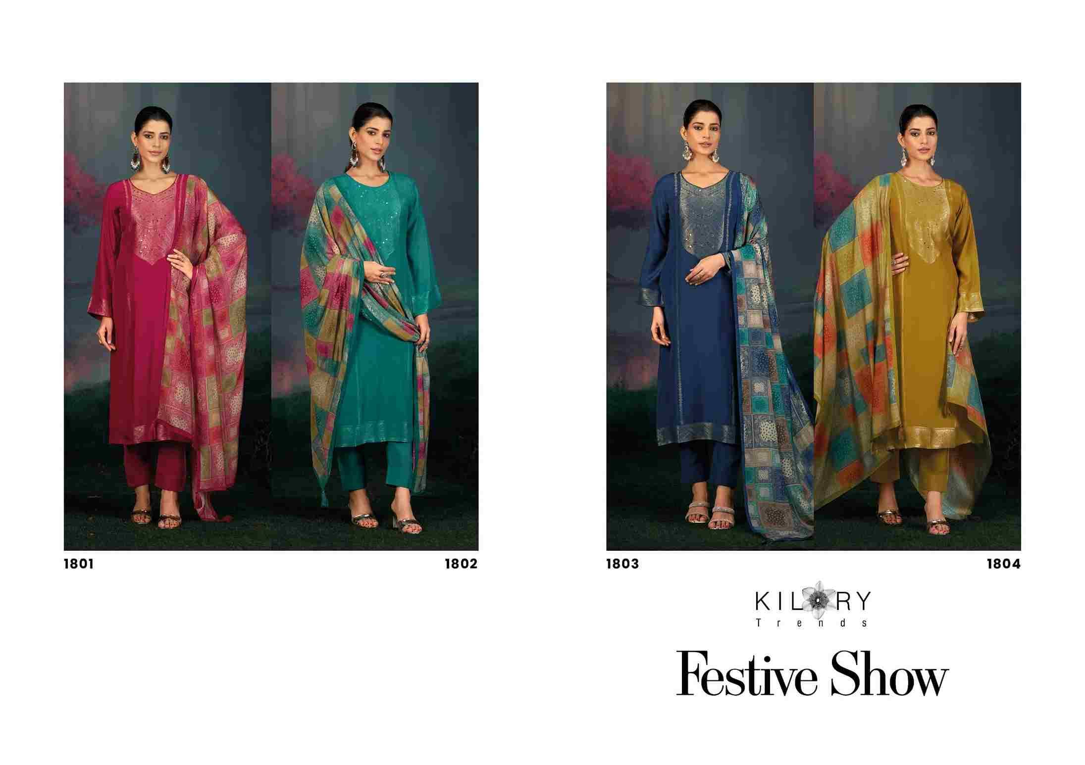 Festive Show By Kilory 1801 To 1804 Series Designer Festive Suits Beautiful Fancy Colorful Stylish Party Wear & Occasional Wear Pure Muslin Jacquard Silk Dresses At Wholesale Price