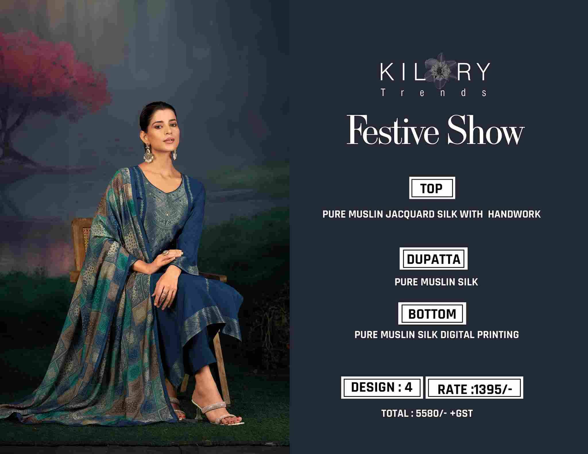 Festive Show By Kilory 1801 To 1804 Series Designer Festive Suits Beautiful Fancy Colorful Stylish Party Wear & Occasional Wear Pure Muslin Jacquard Silk Dresses At Wholesale Price