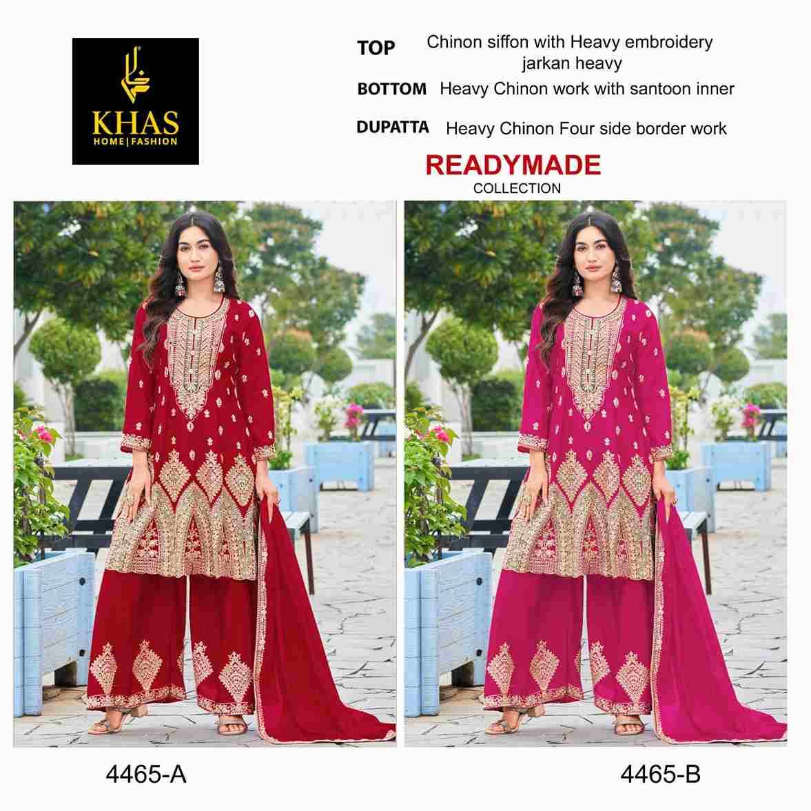 Khas 4465 Colours By Khas 4465-A To 4465-B Series Beautiful Pakistani Suits Colorful Stylish Fancy Casual Wear & Ethnic Wear Heavy Chinnon Silk Dresses At Wholesale Price