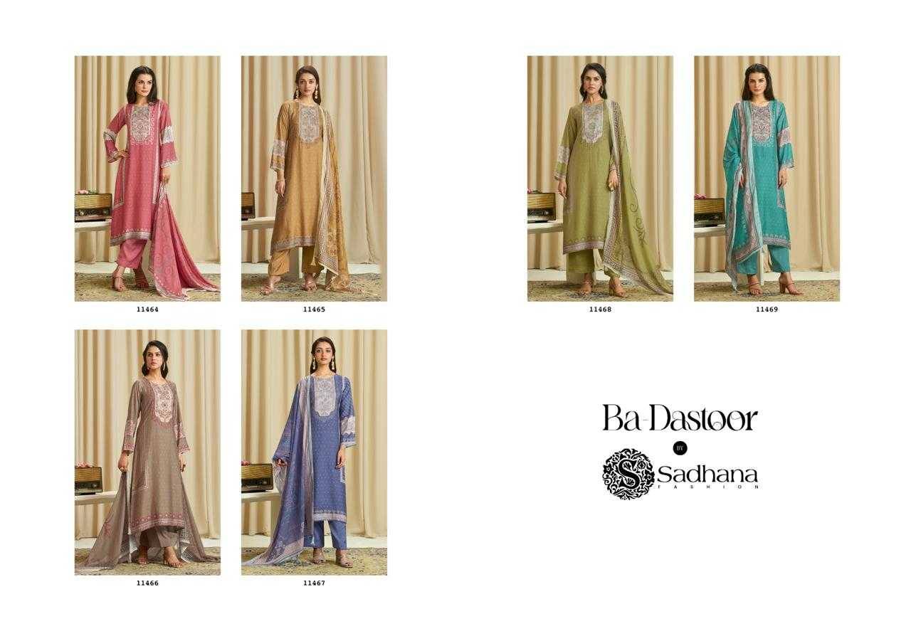 Ba-Dastoor By Sadhana Fashion 11464 To 11469 Series Designer Festive Suits Beautiful Fancy Stylish Colorful Party Wear & Occasional Wear Pure Muslin Silk Print Dresses At Wholesale Price