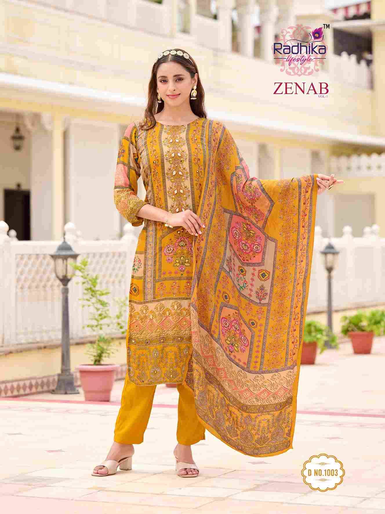 Zenab Vol-1 By Radhika Lifestyle 1001 To 1006 Series Beautiful Festive Suits Colorful Stylish Fancy Casual Wear & Ethnic Wear Natural Crepe Dresses At Wholesale Price