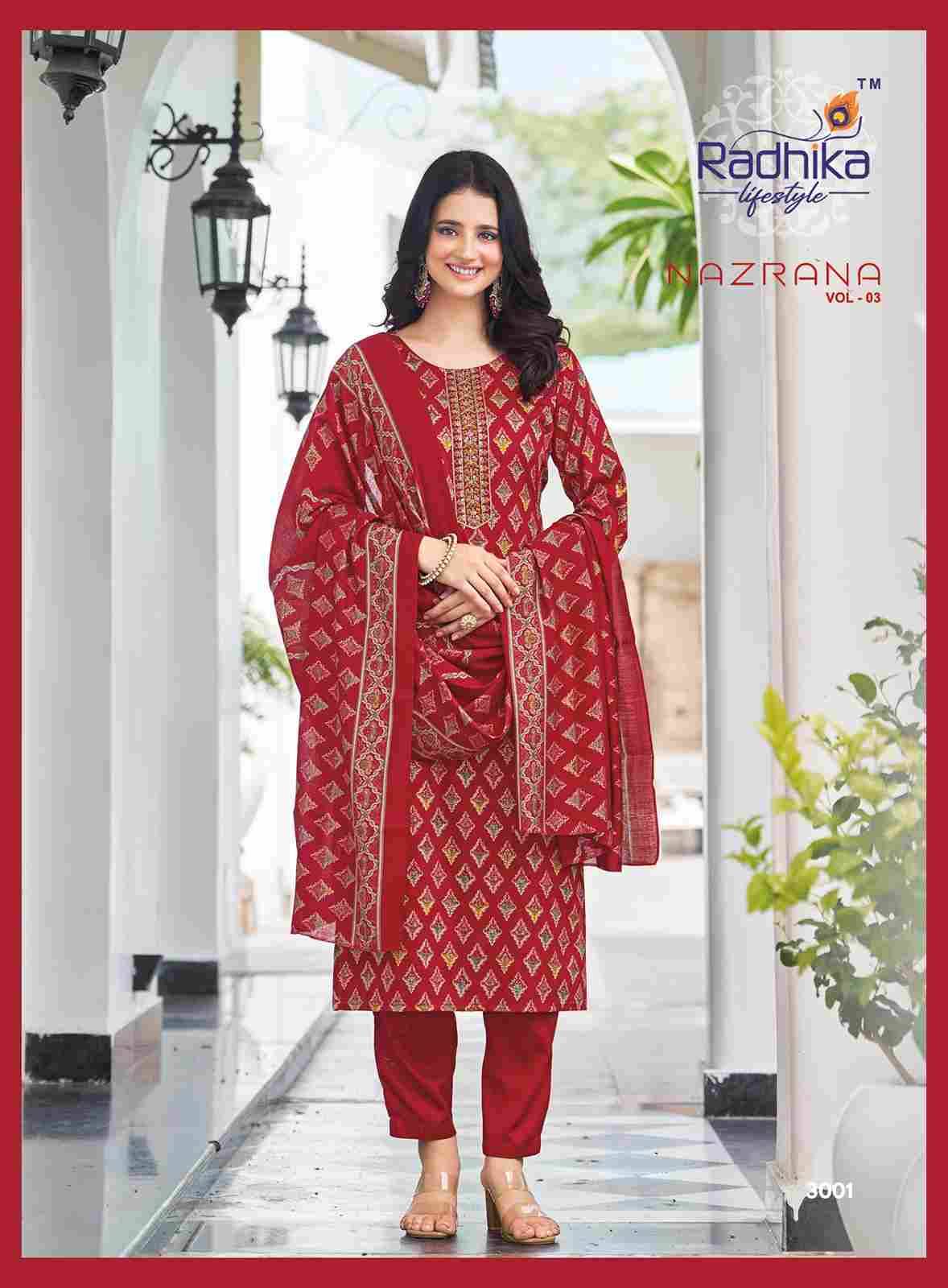 Nazrana Vol-3 By Radhika Lifestyle 3001 To 3006 Series Beautiful Festive Suits Colorful Stylish Fancy Casual Wear & Ethnic Wear Jam Satin Dresses At Wholesale Price