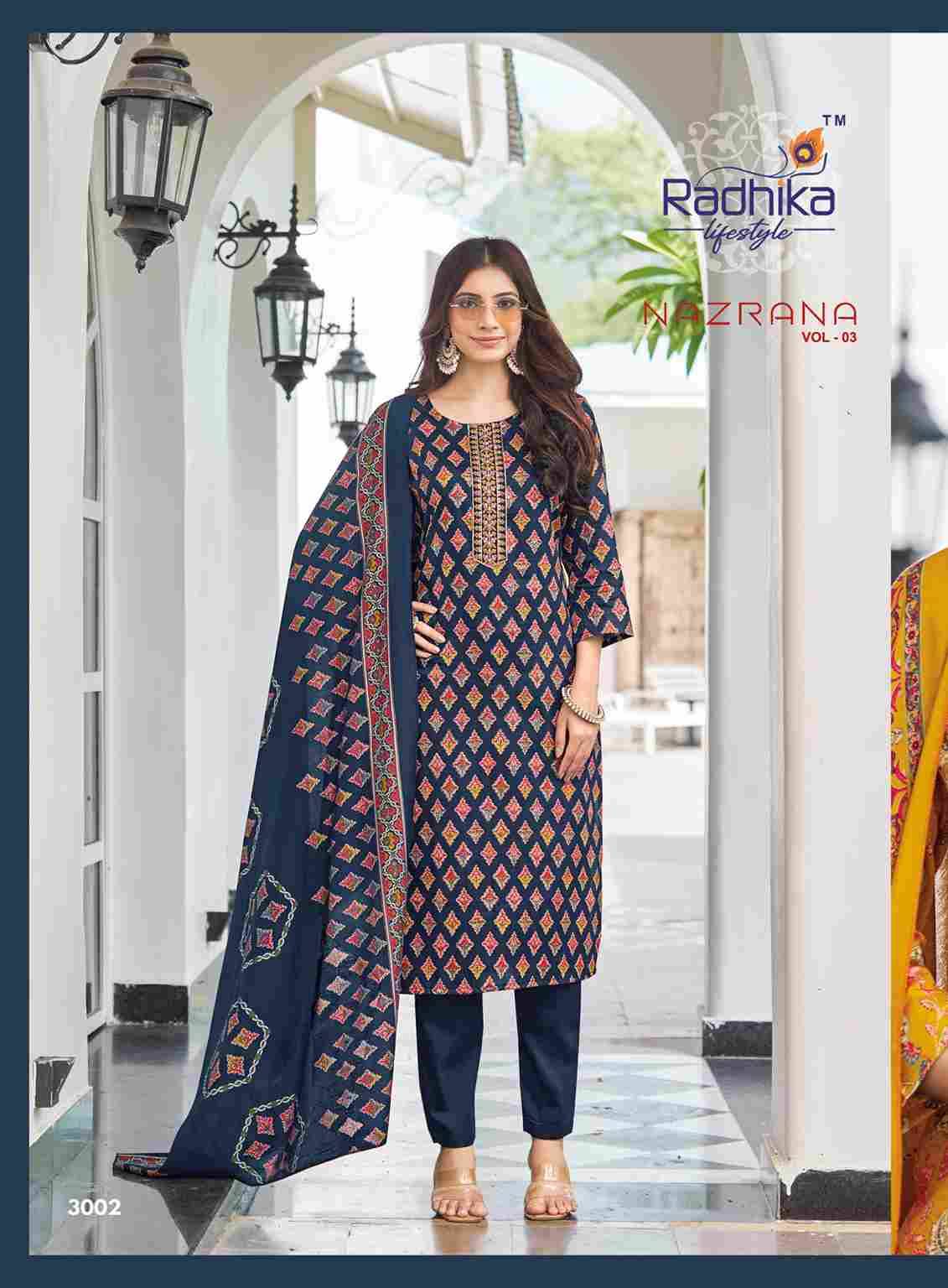 Nazrana Vol-3 By Radhika Lifestyle 3001 To 3006 Series Beautiful Festive Suits Colorful Stylish Fancy Casual Wear & Ethnic Wear Jam Satin Dresses At Wholesale Price