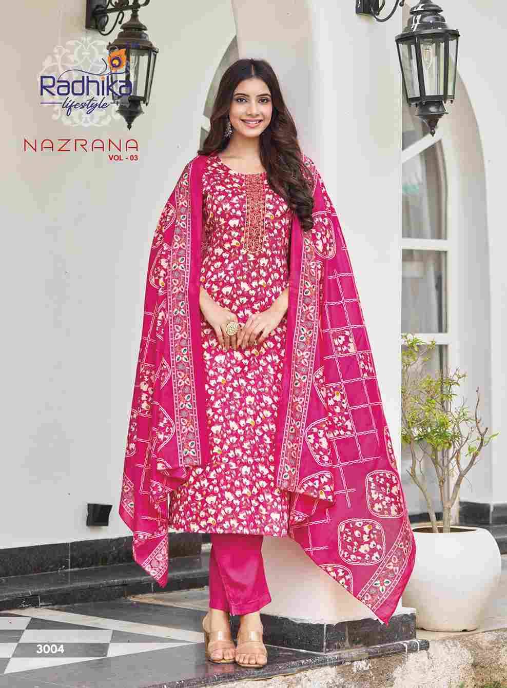 Nazrana Vol-3 By Radhika Lifestyle 3001 To 3006 Series Beautiful Festive Suits Colorful Stylish Fancy Casual Wear & Ethnic Wear Jam Satin Dresses At Wholesale Price