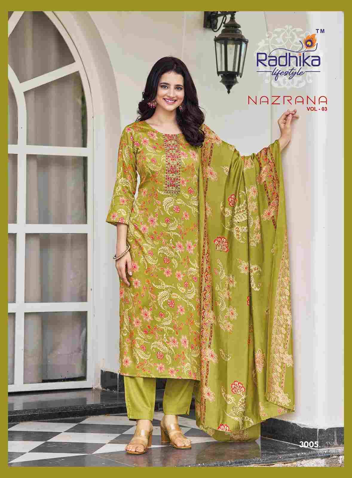Nazrana Vol-3 By Radhika Lifestyle 3001 To 3006 Series Beautiful Festive Suits Colorful Stylish Fancy Casual Wear & Ethnic Wear Jam Satin Dresses At Wholesale Price