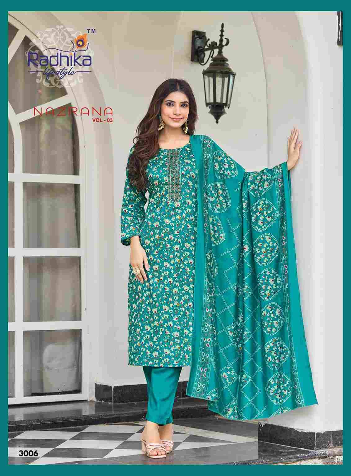 Nazrana Vol-3 By Radhika Lifestyle 3001 To 3006 Series Beautiful Festive Suits Colorful Stylish Fancy Casual Wear & Ethnic Wear Jam Satin Dresses At Wholesale Price
