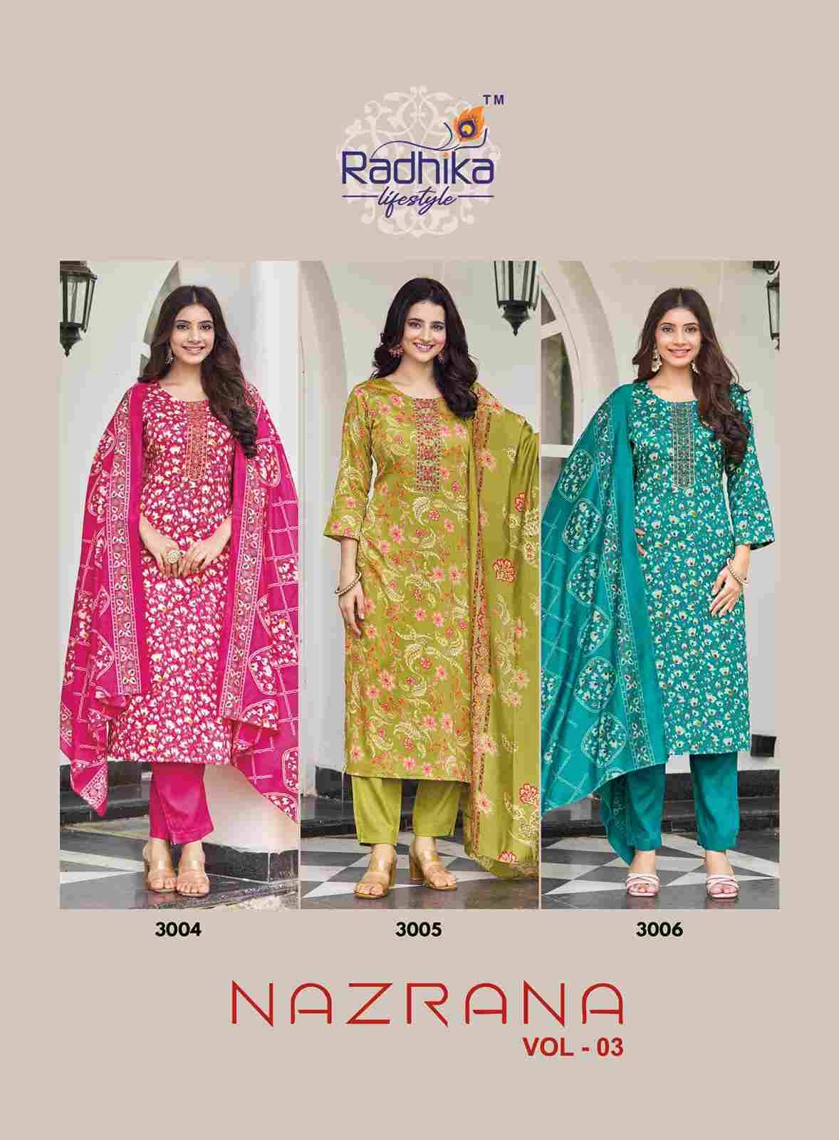 Nazrana Vol-3 By Radhika Lifestyle 3001 To 3006 Series Beautiful Festive Suits Colorful Stylish Fancy Casual Wear & Ethnic Wear Jam Satin Dresses At Wholesale Price