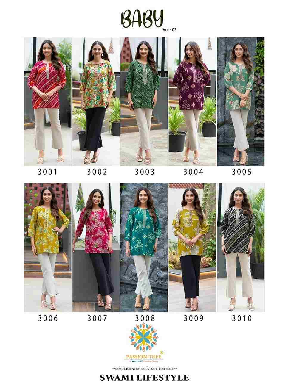 Baby Vol-3 By Passion Tree 3001 To 3010 Series Beautiful Stylish Fancy Colorful Casual Wear & Ethnic Wear Heavy Rayon Slub Tops At Wholesale Price