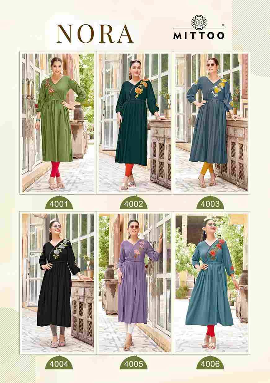 Nora By Mittoo 4001 To 4006 Series Designer Stylish Fancy Colorful Beautiful Party Wear & Ethnic Wear Collection Rayon Kurtis At Wholesale Price