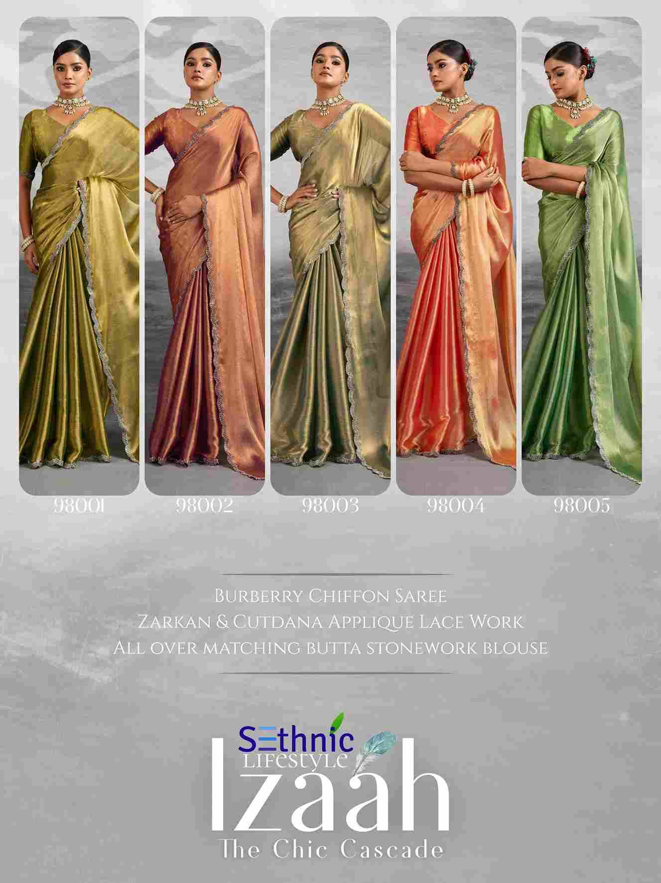Izaah By Sethnic 98001 To 98005 Series Indian Traditional Wear Collection Beautiful Stylish Fancy Colorful Party Wear & Occasional Wear Chiffon Sarees At Wholesale Price