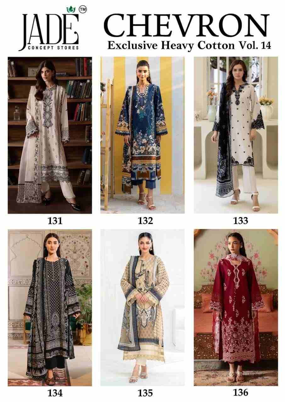 Chevron Vol-14 By Jade 131 To 136 Series Beautiful Festive Suits Colorful Stylish Fancy Casual Wear & Ethnic Wear Pure Lawn Cotton Embroidered Dresses At Wholesale Price