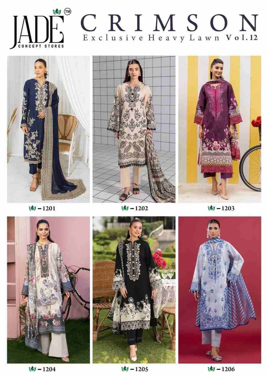Crimson Exclusive Collection Vol-12 By Jade 1201 To 1206 Series Beautiful Suits Stylish Colorful Fancy Casual Wear & Ethnic Wear Pure Heavy Lawn Print Dresses At Wholesale Price
