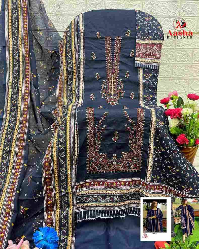 Aasha 1102 Colours By Aasha Designer 1102-A To 1102-C Series Pakistani Suits Beautiful Fancy Colorful Stylish Party Wear & Occasional Wear Pure Cotton Embroidery Dresses At Wholesale Price