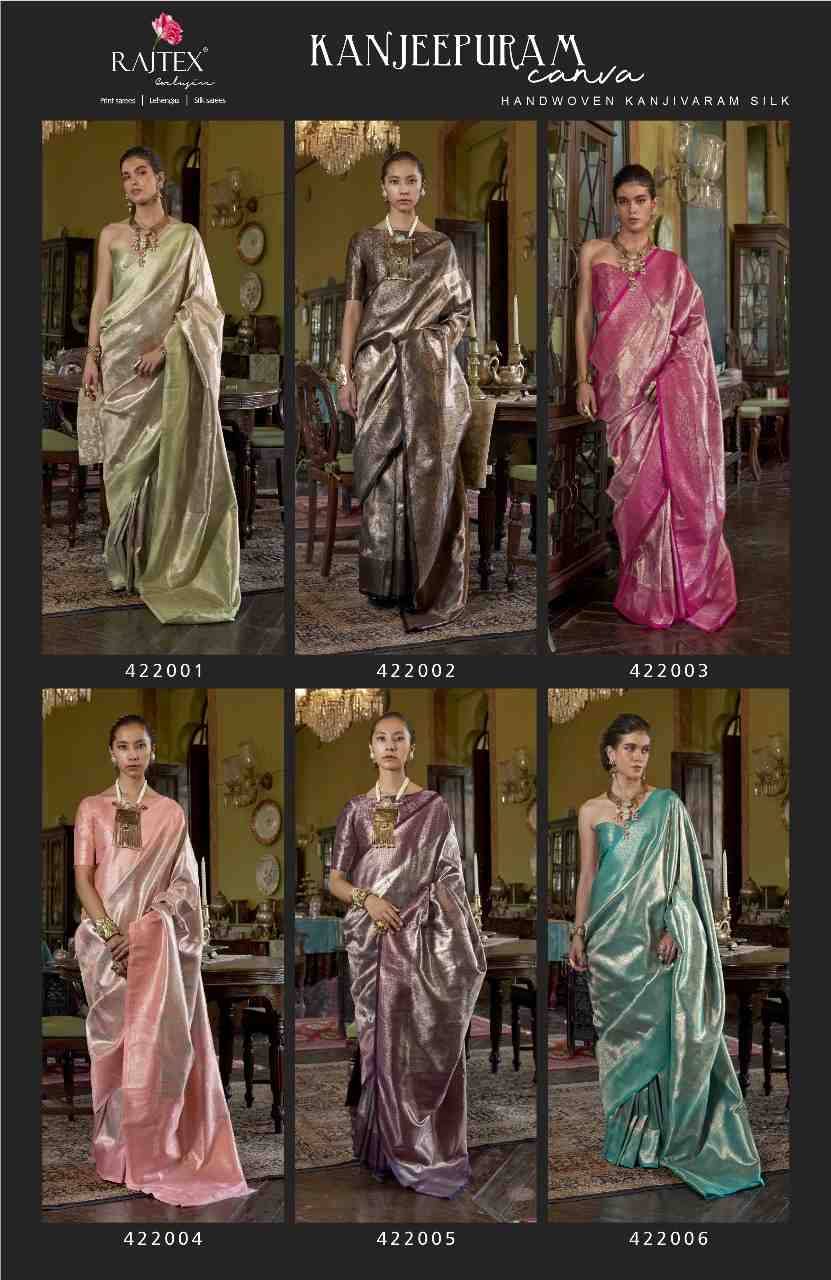 Kanjeepuram Canva By Raj Tex 422001 To 422006 Series Indian Traditional Wear Collection Beautiful Stylish Fancy Colorful Party Wear & Occasional Wear Silk Sarees At Wholesale Price