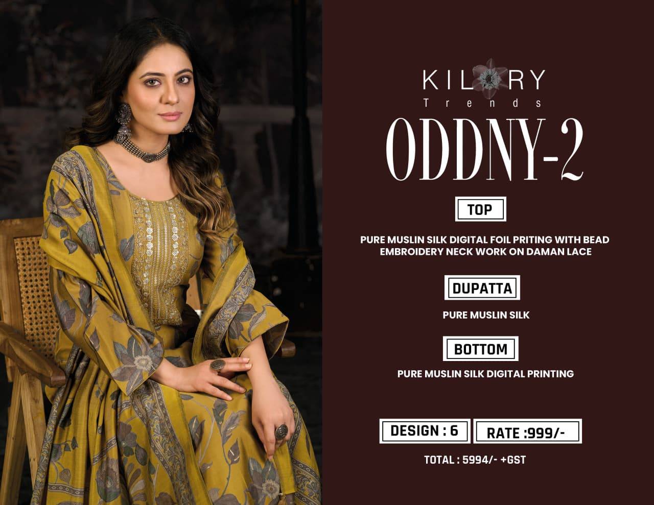 Oddny Vol-2 By Kilory 1821 To 1826 Series Beautiful Festive Suits Colorful Stylish Fancy Casual Wear & Ethnic Wear Pure Muslin Silk Dresses At Wholesale Price