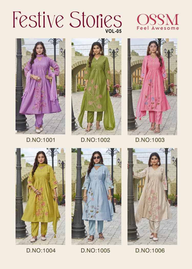 Festive Stories Vol-5 By Ossm 1001 To 1006 Series Beautiful Festive Suits Stylish Fancy Colorful Casual Wear & Ethnic Wear Viscose Silk With Work Dresses At Wholesale Price