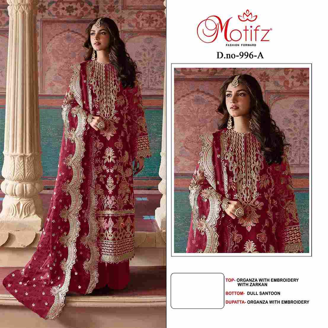 Motifz Hit Design 996 Colours By Motifz 996-A To 996-D Series Beautiful Pakistani Suits Colorful Stylish Fancy Casual Wear & Ethnic Wear Organza Dresses At Wholesale Price
