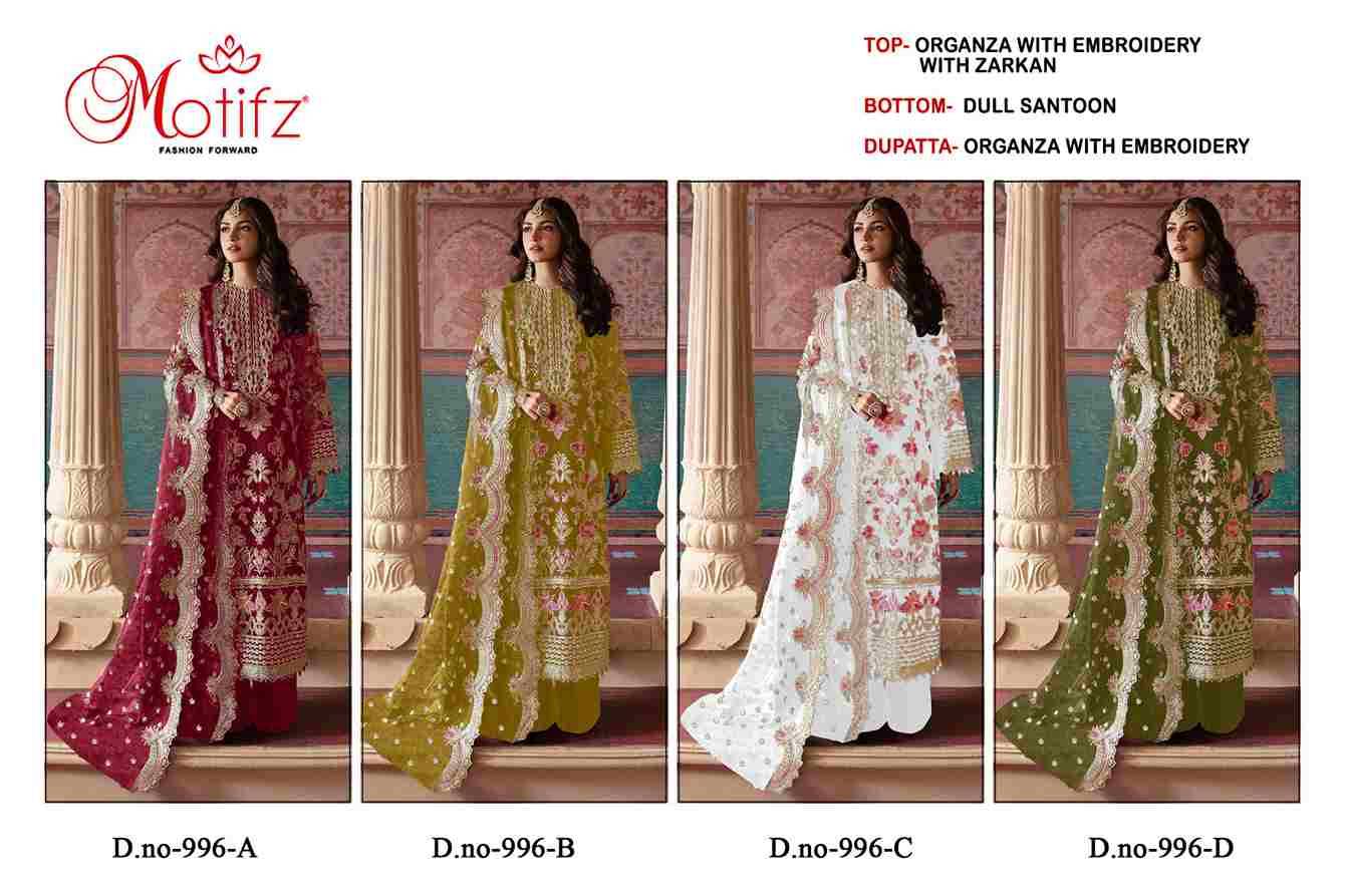 Motifz Hit Design 996 Colours By Motifz 996-A To 996-D Series Beautiful Pakistani Suits Colorful Stylish Fancy Casual Wear & Ethnic Wear Organza Dresses At Wholesale Price