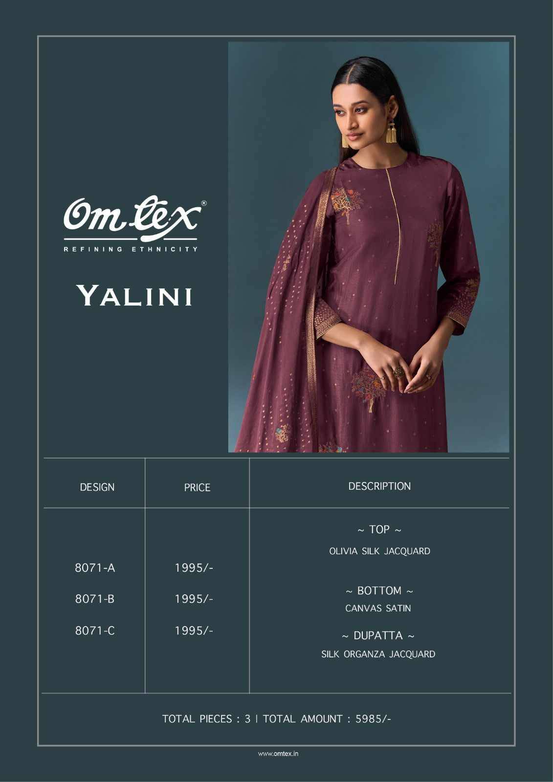 Yalini By Om Tex 8071-A To 8071-C Series Beautiful Festive Suits Colorful Stylish Fancy Casual Wear & Ethnic Wear Silk Jacquard Dresses At Wholesale Price