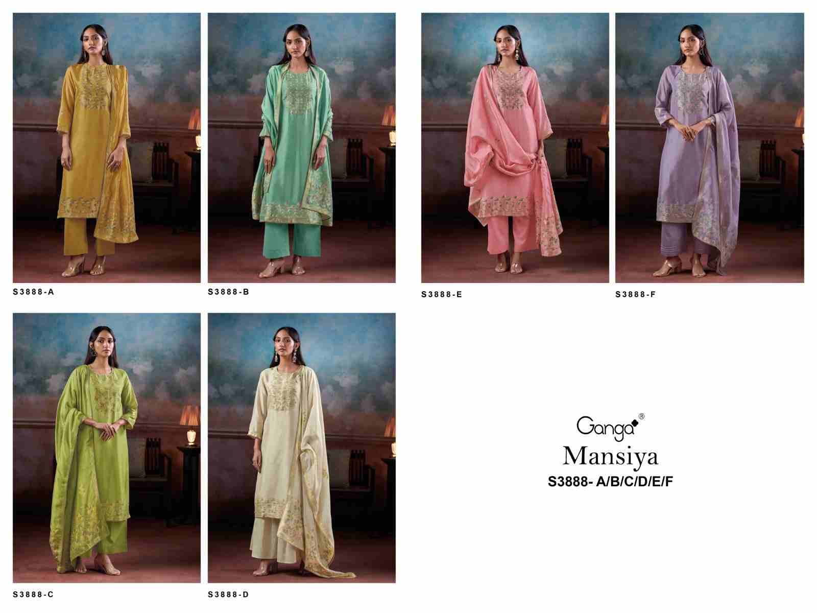 Mansiya-3888 By Ganga Fashion 3888-A To 3888-F Series Beautiful Festive Suits Colorful Stylish Fancy Casual Wear & Ethnic Wear Pure Viscose Silk Jacquard Dresses At Wholesale Price