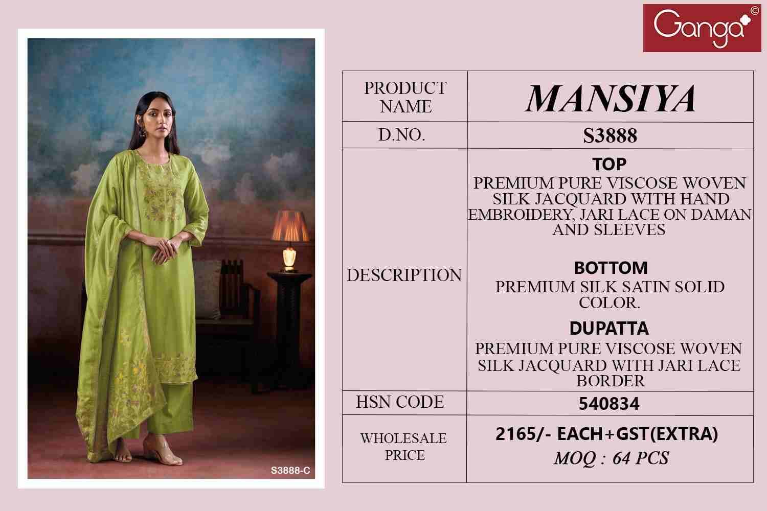 Mansiya-3888 By Ganga Fashion 3888-A To 3888-F Series Beautiful Festive Suits Colorful Stylish Fancy Casual Wear & Ethnic Wear Pure Viscose Silk Jacquard Dresses At Wholesale Price