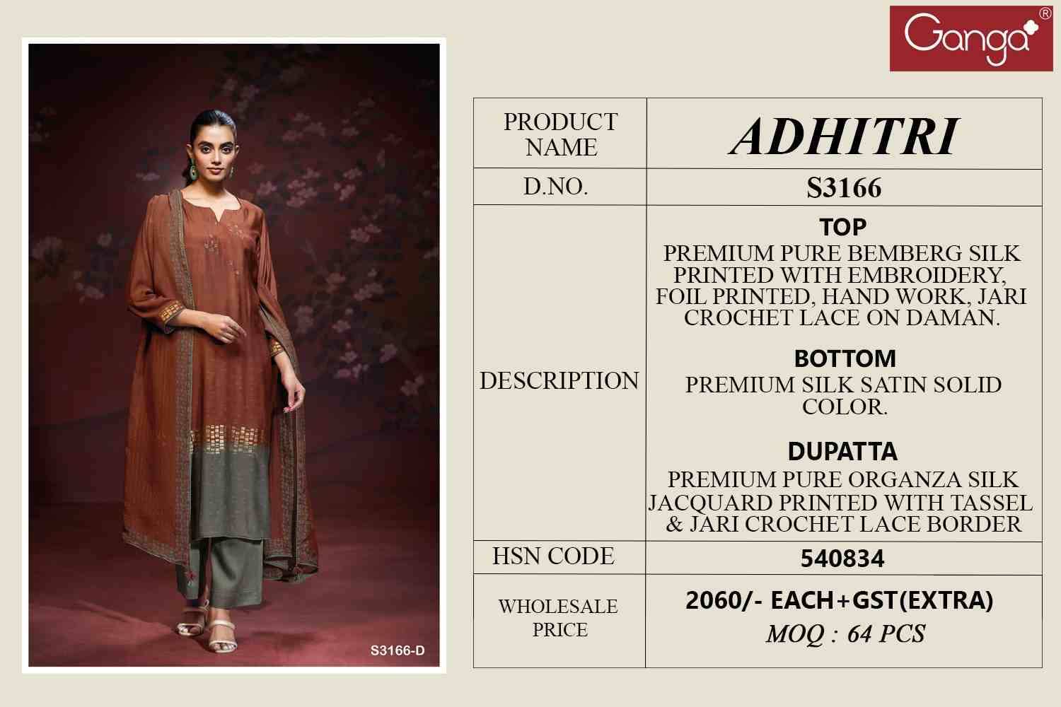 Adhitri-3166 By Ganga Fashion 3166-A To 3166-D Series Beautiful Festive Suits Colorful Stylish Fancy Casual Wear & Ethnic Wear Pure Bemberg Silk Dresses At Wholesale Price