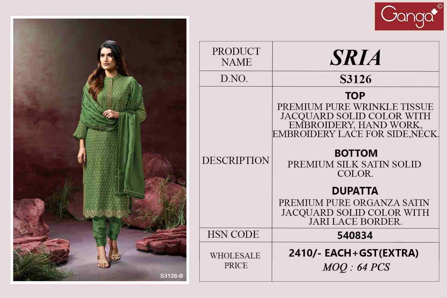 Sria-3126 By Ganga Fashion 3126-A To 3126-B Series Beautiful Festive Suits Colorful Stylish Fancy Casual Wear & Ethnic Wear Pure Jacquard Dresses At Wholesale Price
