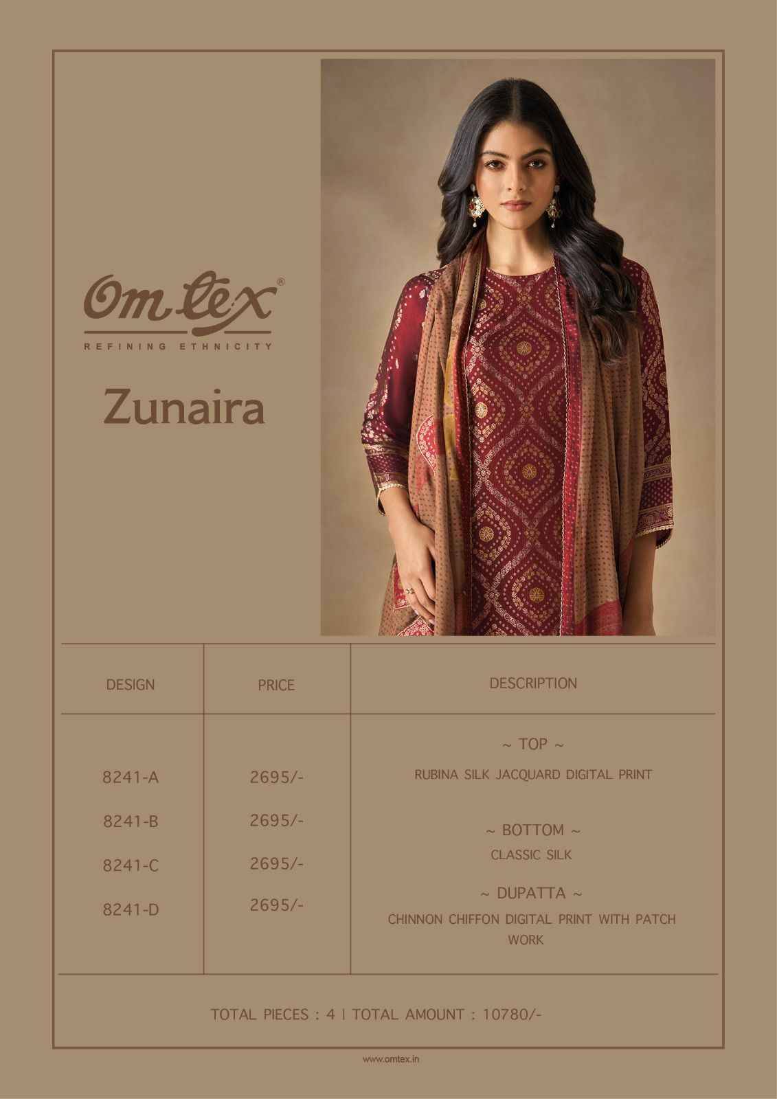 Zunaira By Om Tex 8241-A To 8241-D Series Beautiful Festive Suits Colorful Stylish Fancy Casual Wear & Ethnic Wear Silk Jacquard Dresses At Wholesale Price