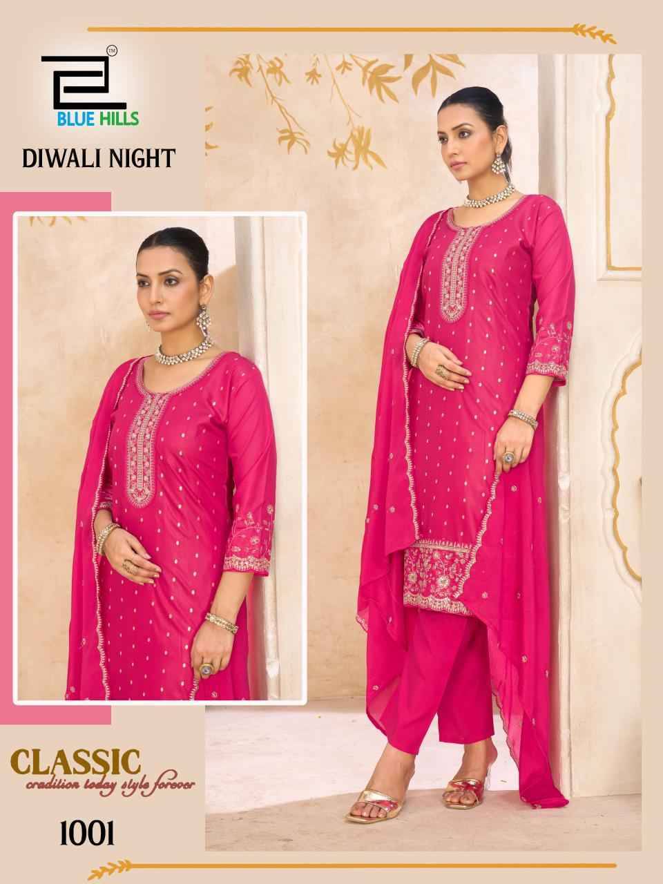 Diwali Night By Blue Hills 1001 To 1006 Series Beautiful Stylish Festive Suits Fancy Colorful Casual Wear & Ethnic Wear & Ready To Wear Chanderi Dresses At Wholesale Price