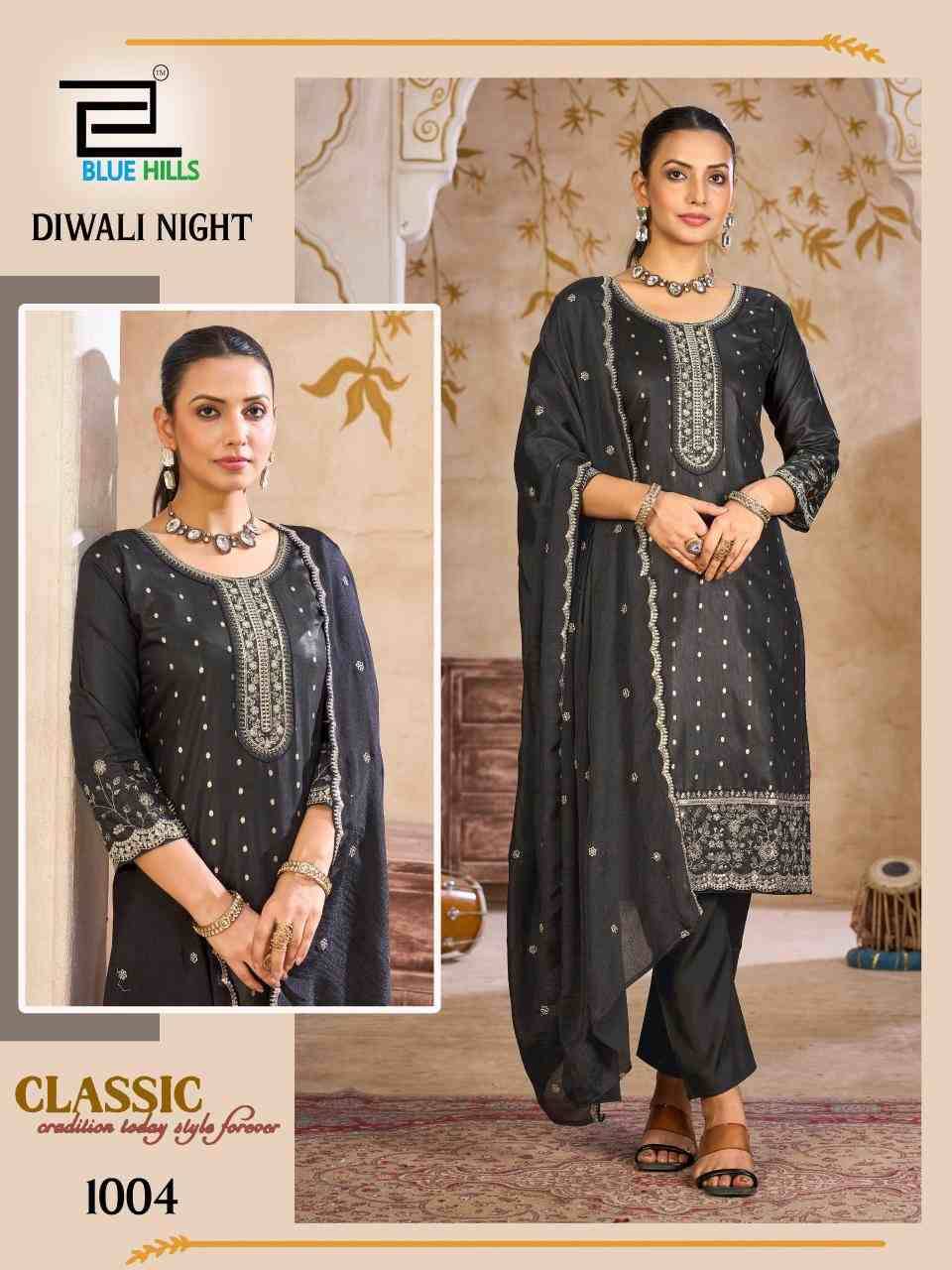 Diwali Night By Blue Hills 1001 To 1006 Series Beautiful Stylish Festive Suits Fancy Colorful Casual Wear & Ethnic Wear & Ready To Wear Chanderi Dresses At Wholesale Price