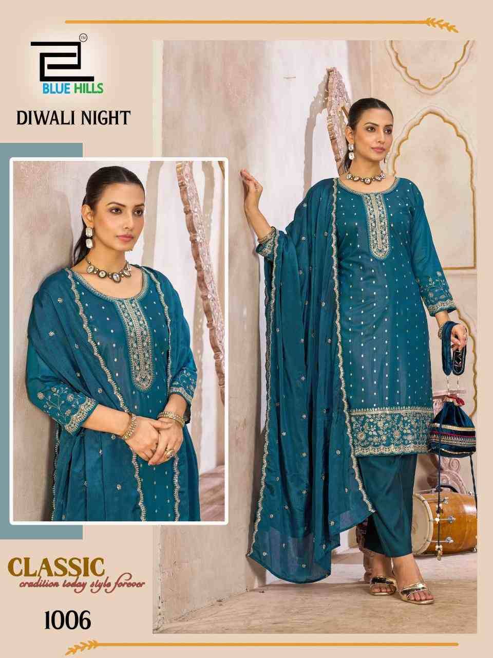 Diwali Night By Blue Hills 1001 To 1006 Series Beautiful Stylish Festive Suits Fancy Colorful Casual Wear & Ethnic Wear & Ready To Wear Chanderi Dresses At Wholesale Price