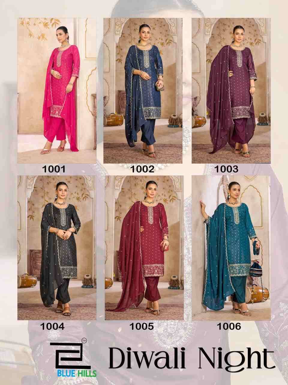 Diwali Night By Blue Hills 1001 To 1006 Series Beautiful Stylish Festive Suits Fancy Colorful Casual Wear & Ethnic Wear & Ready To Wear Chanderi Dresses At Wholesale Price