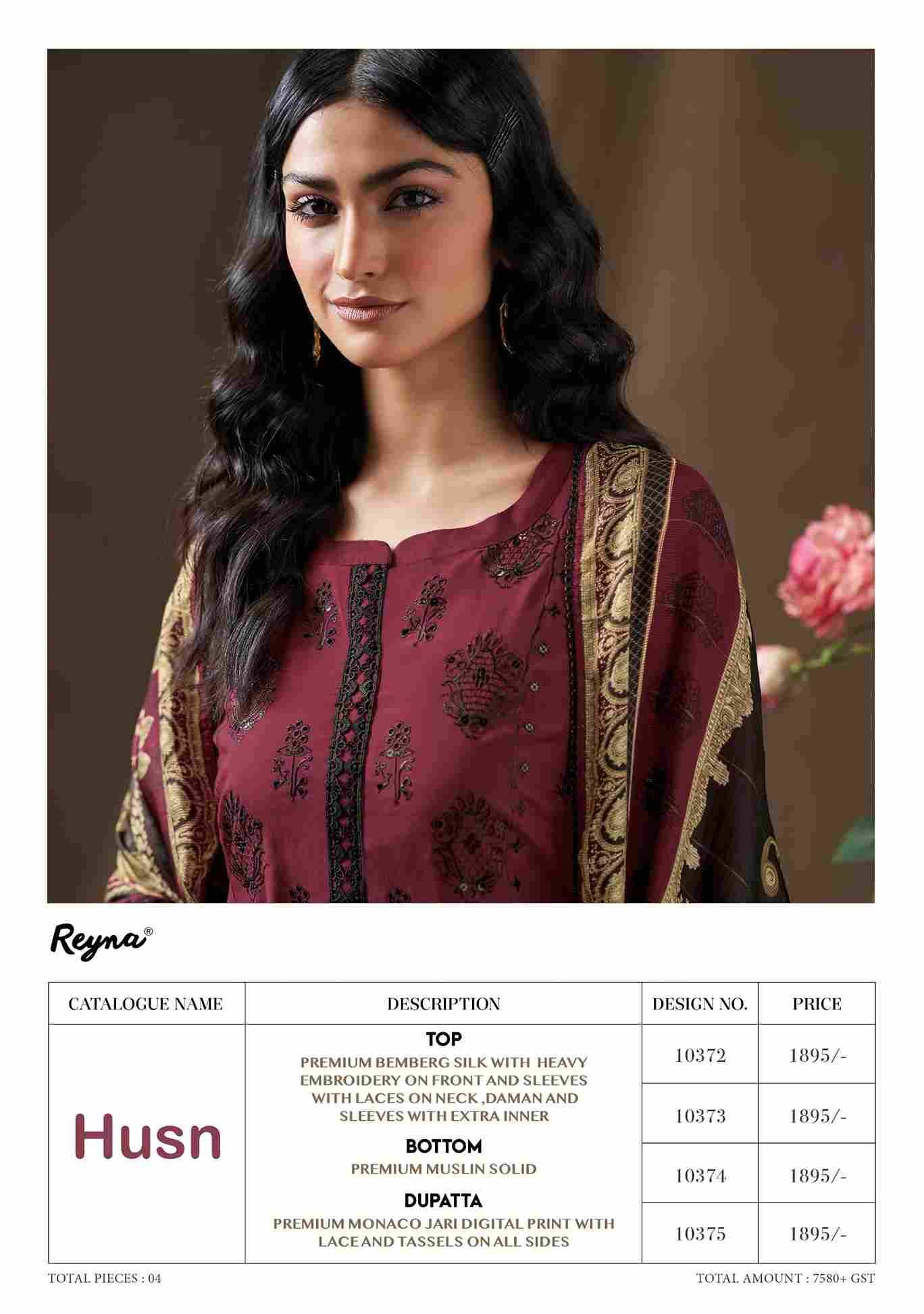 Husn By Reyna 10372 To 10375 Series Beautiful Festive Suits Colorful Stylish Fancy Casual Wear & Ethnic Wear Pure Bemberg Silk Dresses At Wholesale Price