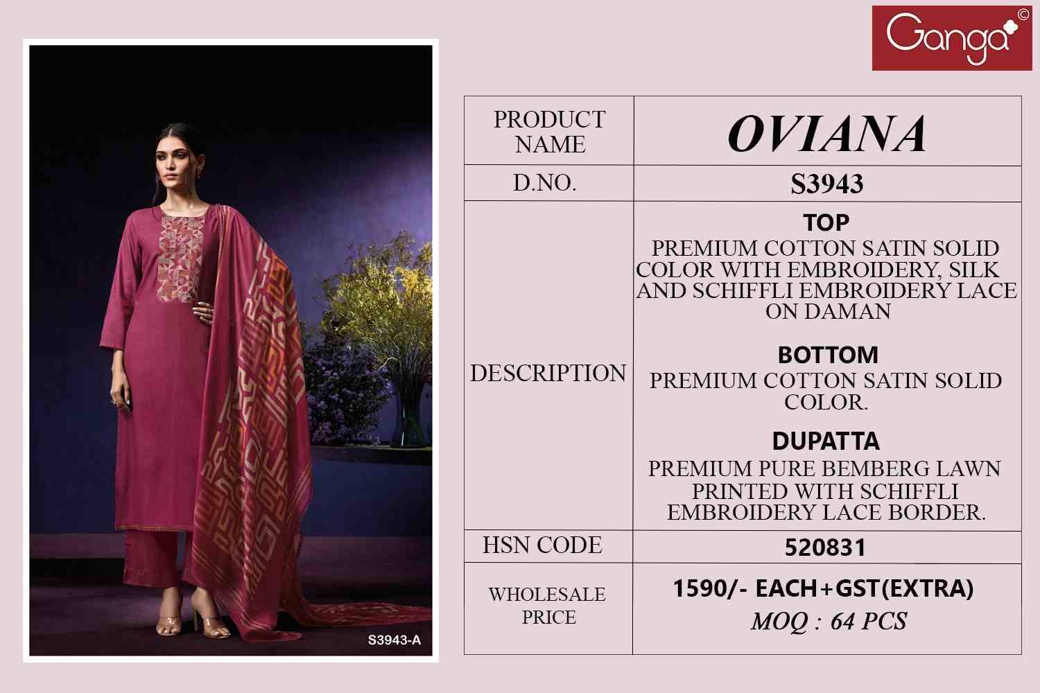 Oviana-3943 By Ganga Fashion 3943-A To 3943-D Series Beautiful Festive Suits Colorful Stylish Fancy Casual Wear & Ethnic Wear Pure Cotton Satin Dresses At Wholesale Price