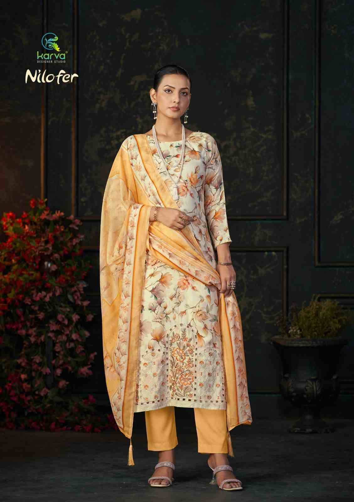 Nilofer By Karva Designer Studio 01 To 04 Series Beautiful Festive Suits Colorful Stylish Fancy Casual Wear & Ethnic Wear Pure Viscose Muslin Dresses At Wholesale Price