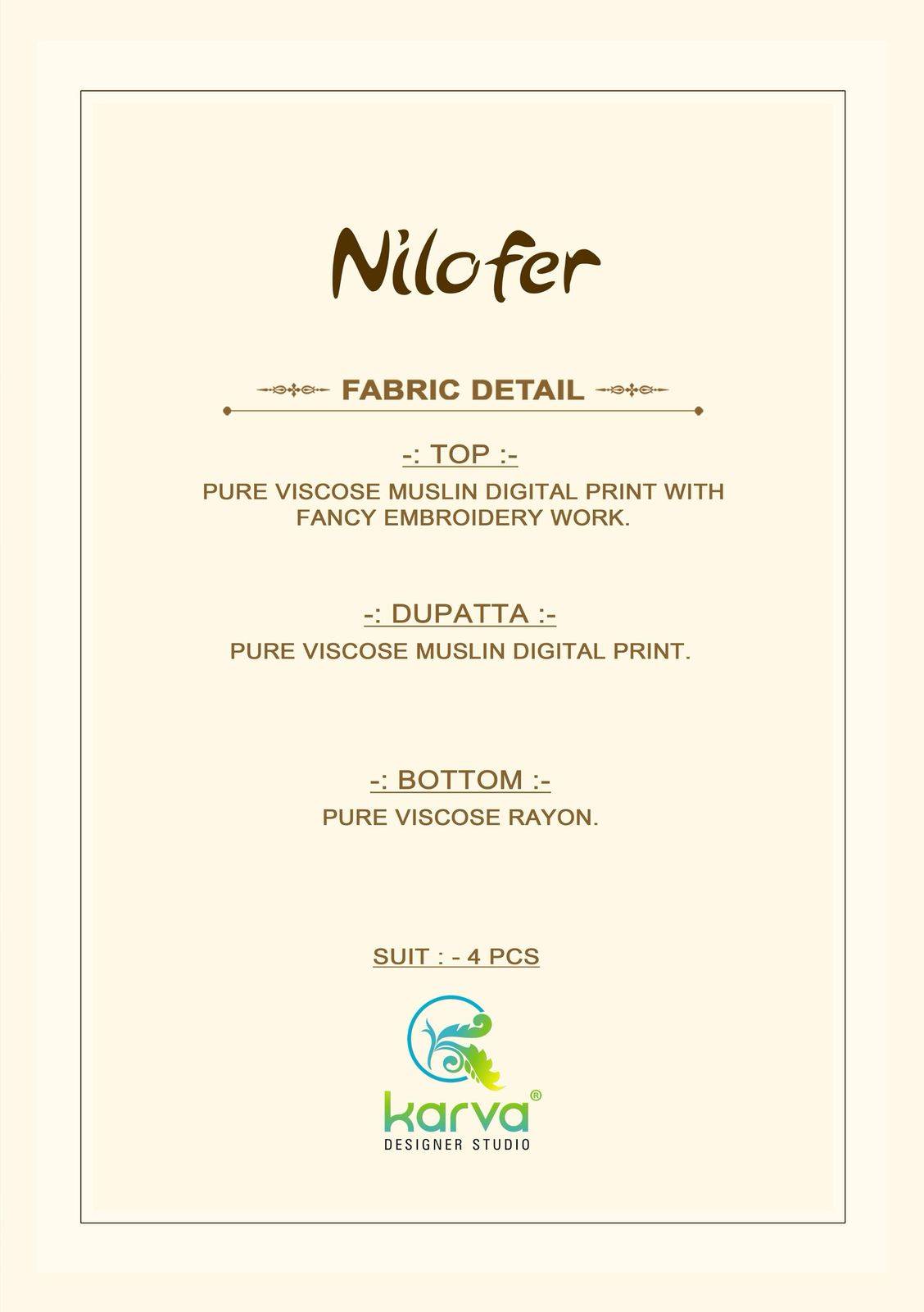 Nilofer By Karva Designer Studio 01 To 04 Series Beautiful Festive Suits Colorful Stylish Fancy Casual Wear & Ethnic Wear Pure Viscose Muslin Dresses At Wholesale Price