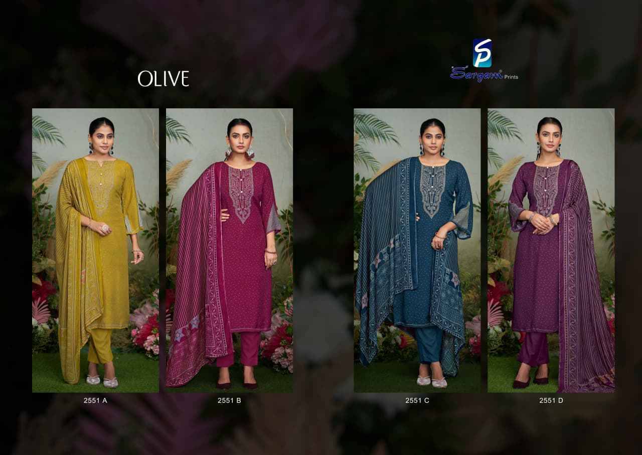 Olive By Sargam Prints 2551-A To 2551-D Series Beautiful Festive Suits Stylish Fancy Colorful Casual Wear & Ethnic Wear Pure Bemberg Muslin Print Dresses At Wholesale Price