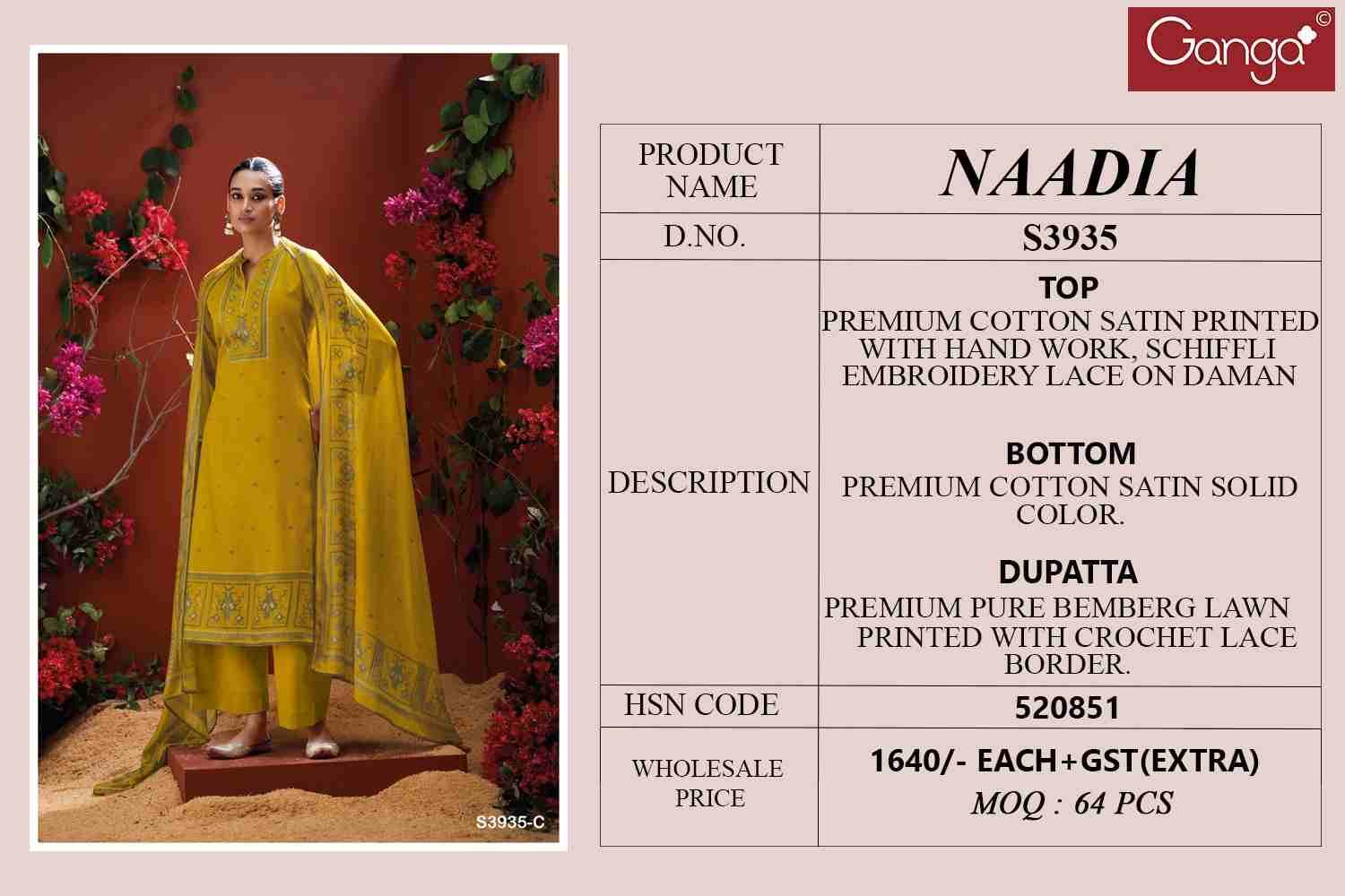 Naadia-3935 By Ganga Fashion 3935-A To 3935-D Series Beautiful Festive Suits Colorful Stylish Fancy Casual Wear & Ethnic Wear Pure Cotton Satin Dresses At Wholesale Price