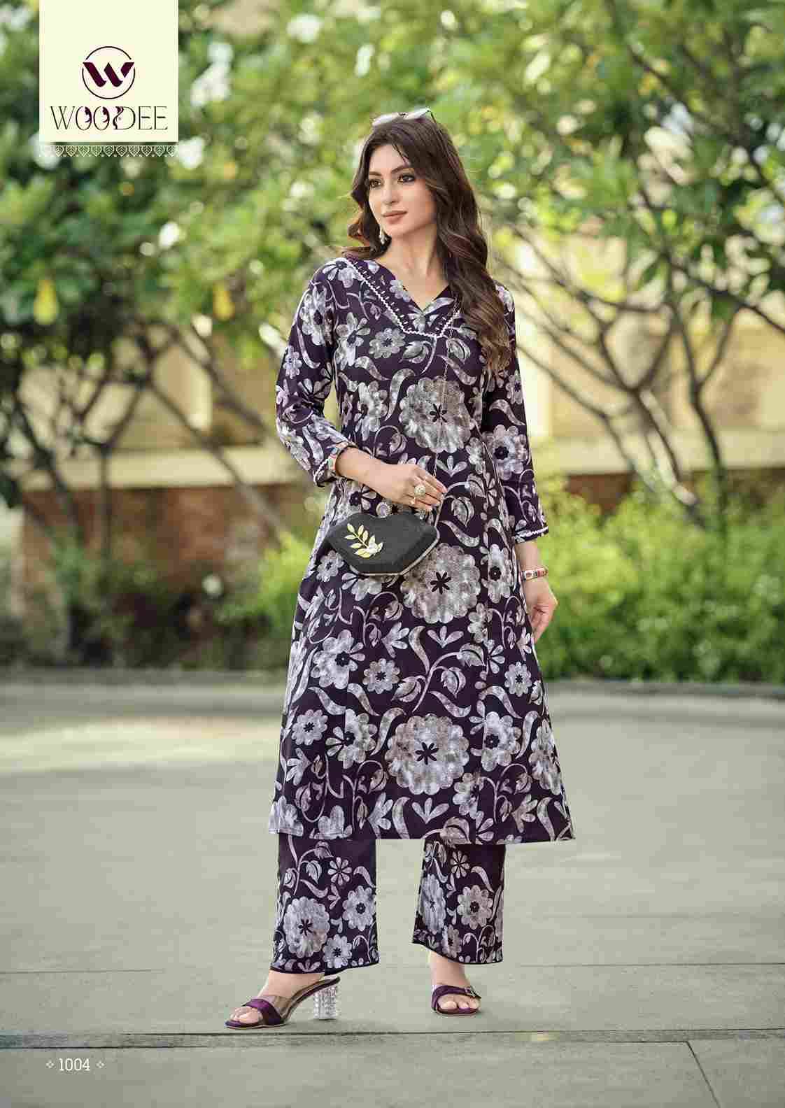 Pavitra By Woodee 1001 To 1006 Series Designer Collection Beautiful Stylish Fancy Colorful Party Wear & Occasional Wear Rayon Print Kurtis With Bottom At Wholesale Price