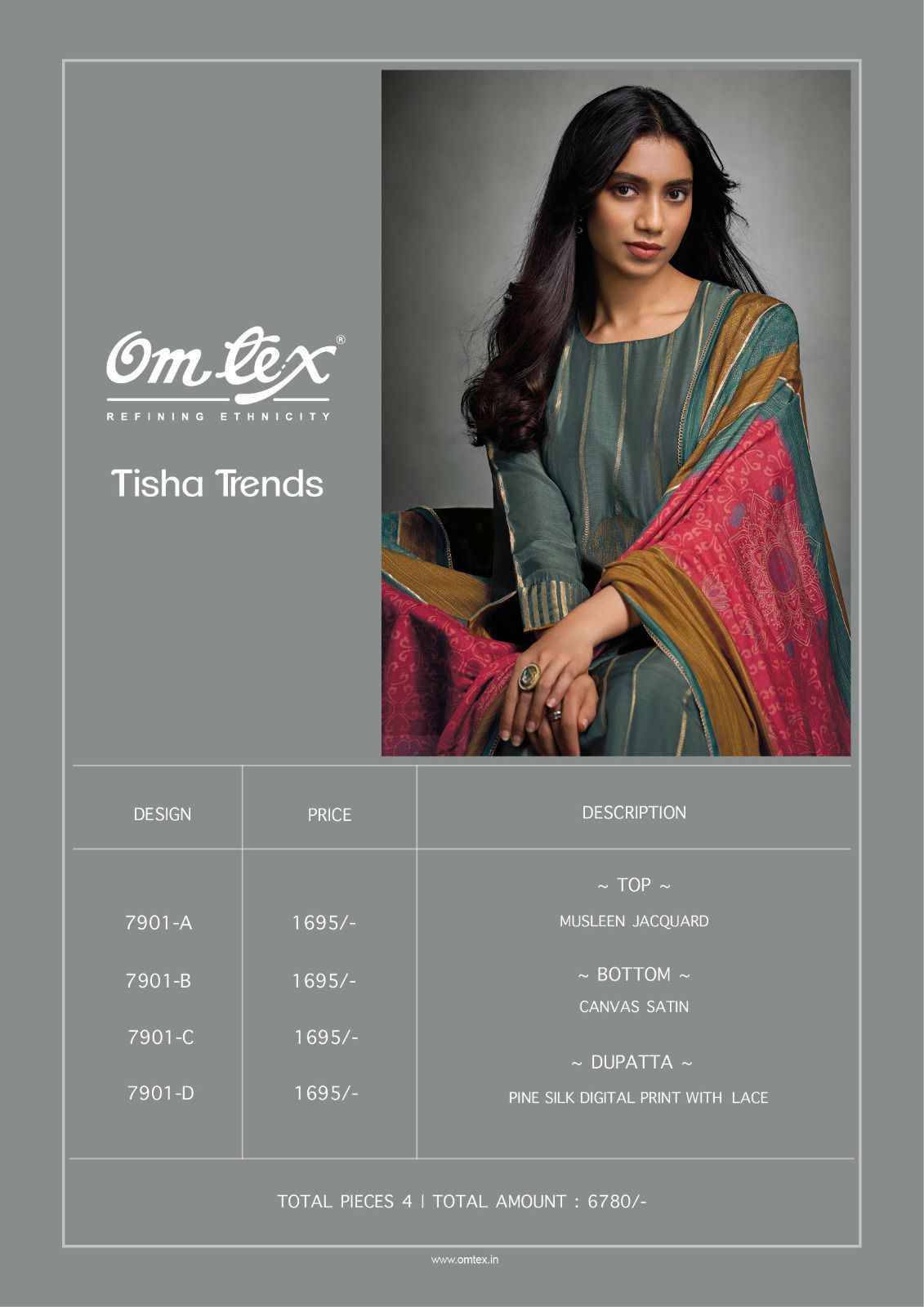 Tisha Trends By Om Tex 7901-A To 7901-D Series Beautiful Festive Suits Colorful Stylish Fancy Casual Wear & Ethnic Wear Muslin Jacquard Print Dresses At Wholesale Price