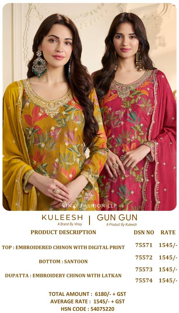 Gun Gun By Vinay Fashion 75571 To 75574 Series Designer Festive Suits Collection Beautiful Stylish Fancy Colorful Party Wear & Occasional Wear Chinnon Embroidered Dresses At Wholesale Price