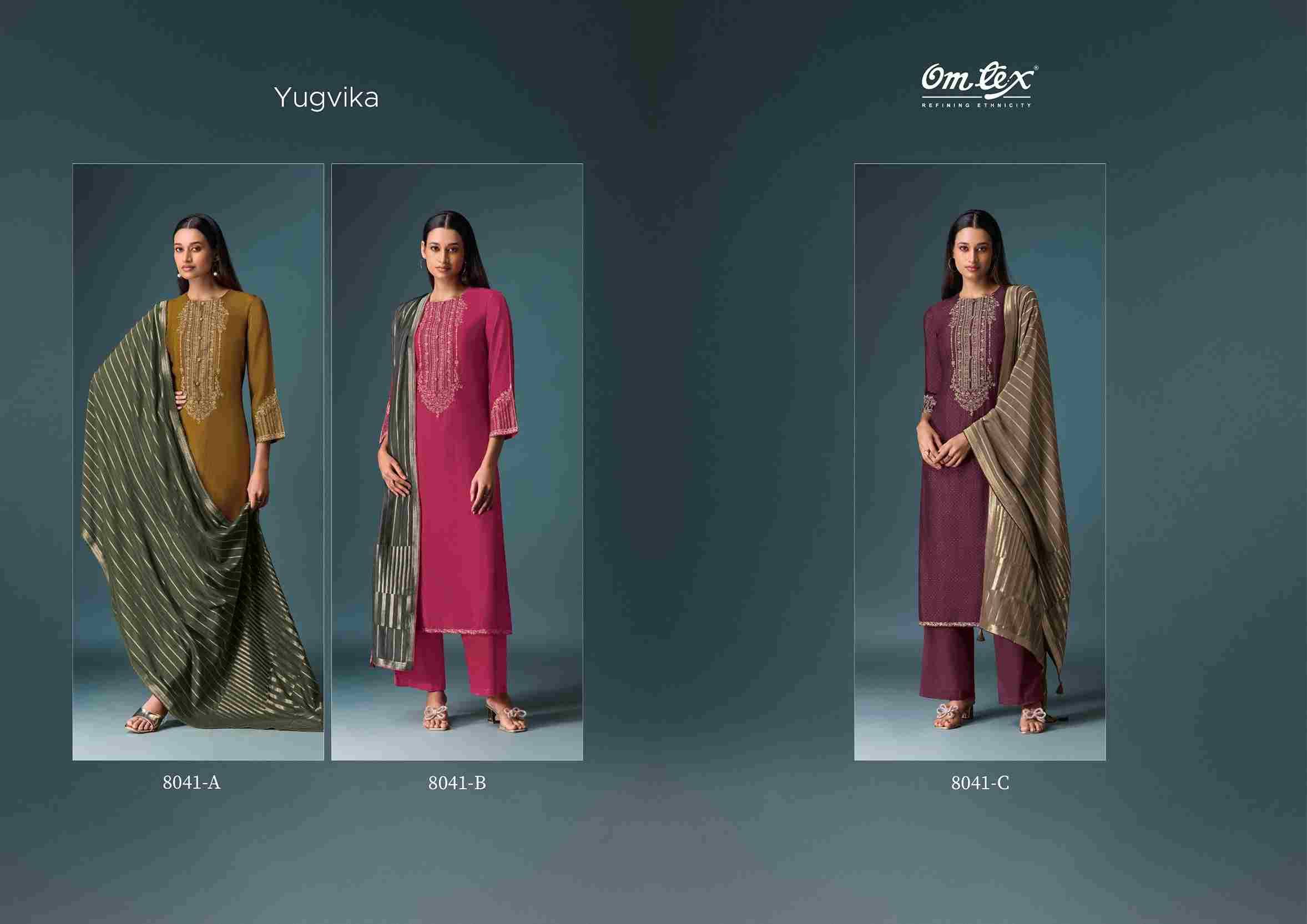 Yugvika By Om Tex 8041-A To 8041-C Series Beautiful Festive Suits Colorful Stylish Fancy Casual Wear & Ethnic Wear Silk Print Dresses At Wholesale Price