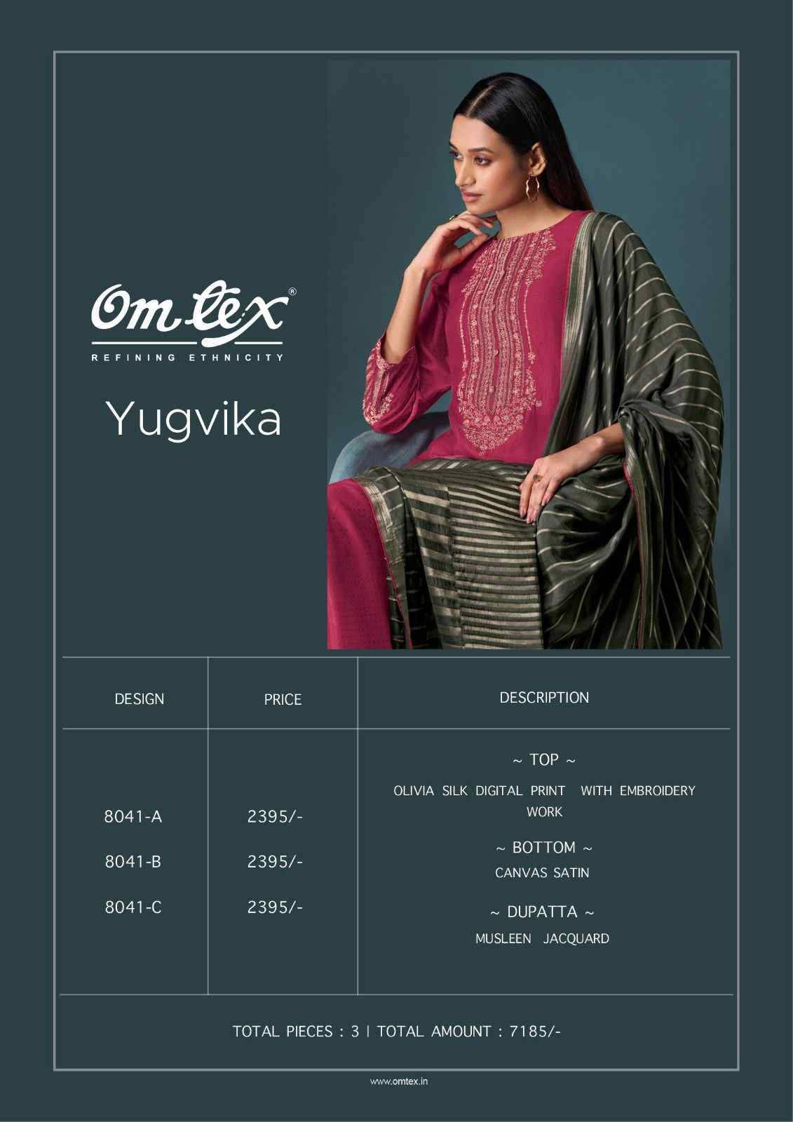 Yugvika By Om Tex 8041-A To 8041-C Series Beautiful Festive Suits Colorful Stylish Fancy Casual Wear & Ethnic Wear Silk Print Dresses At Wholesale Price